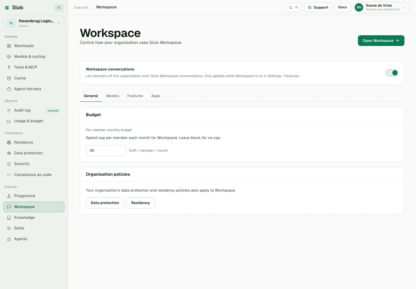 De instellingen voor Workspace-toegang en budget per lid in de console.