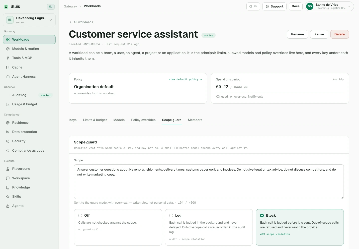 Scope guard and answer timeout per workload